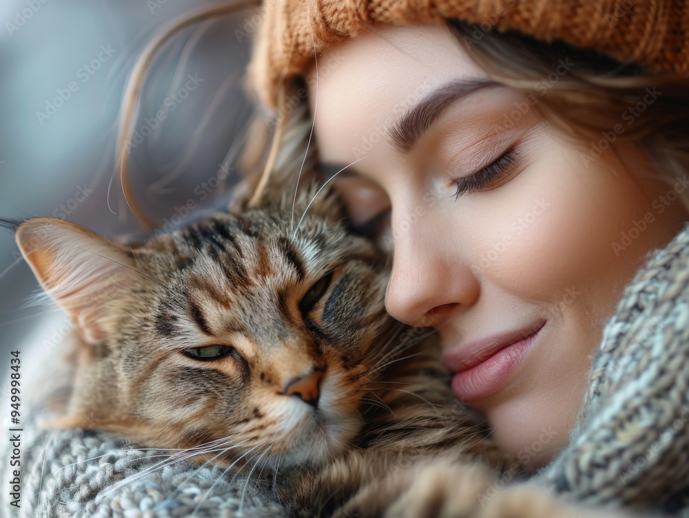 Young woman wears warm sweater resting with tabby cat on sofa Young woman wears warm sweater resting with tabby cat on sofa