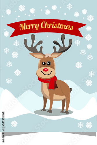 marry christmas card , new year reindeer , ribbon, text, winter landsape xmax, season snoeflakes, festive celebrate