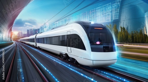 White train speeding on track with digital overlay and blue lights modern logistics, transport technology, advanced railway system