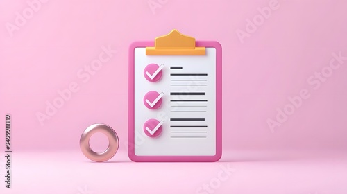 3d Clipboard, checklist symbol. Assignment target icon. Project task management and effective time planning tools. 3d rendering. Vector illustration, white background