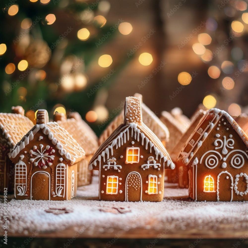Fototapeta premium Photo of a festive display of gingerbread houses arranged in a row created with Generative AI technology