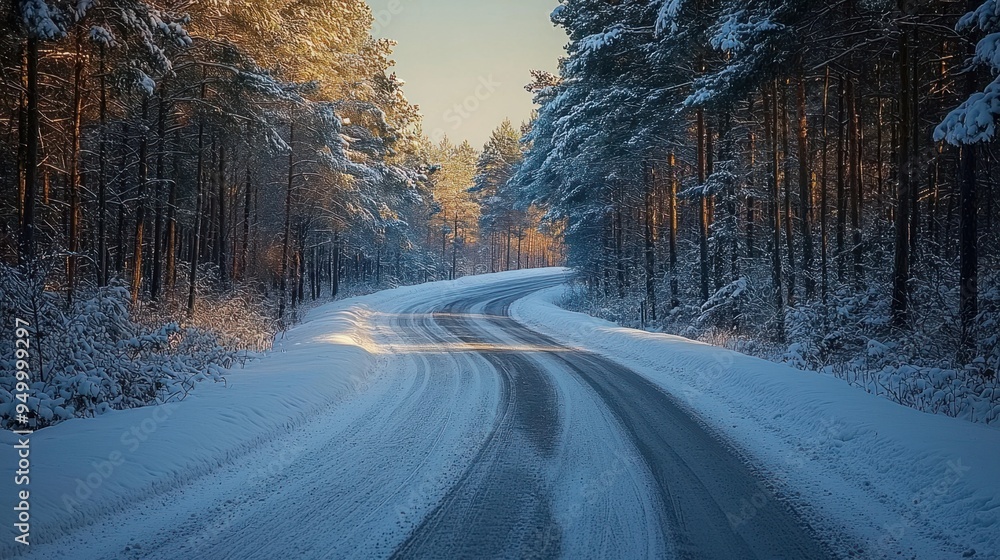 Tranquil Winter Drive: Snowy Road Through Enchanting Pine Forest Tranquil Winter Drive: Snowy Road Through Enchanting Pine Forest