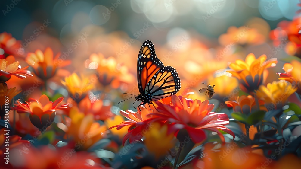 A butterfly is sitting on a flower in a field of flowers A butterfly is sitting on a flower in a field of flowers