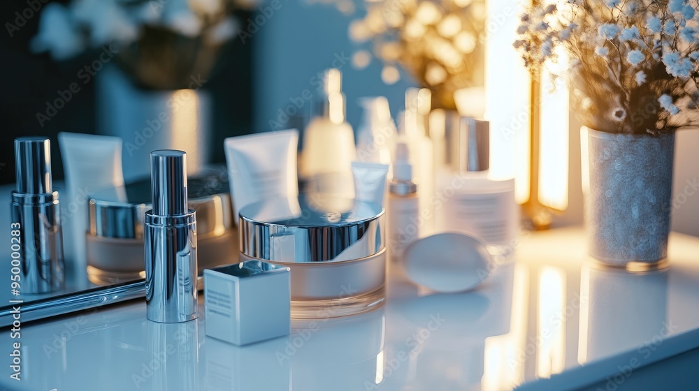 A close-up of collagen-infused beauty products displayed on a vanity with soft, natural lighting. A close-up of collagen-infused beauty products displayed on a vanity with soft, natural lighting.