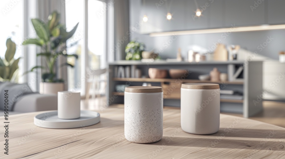 Minimalist kitchen table with two white cups. Minimalist kitchen table with two white cups.