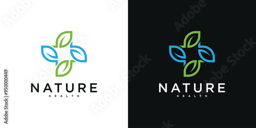 Pharmacy cross logo design with organic leaves, for medical and hospital emergency help. Premium Vector