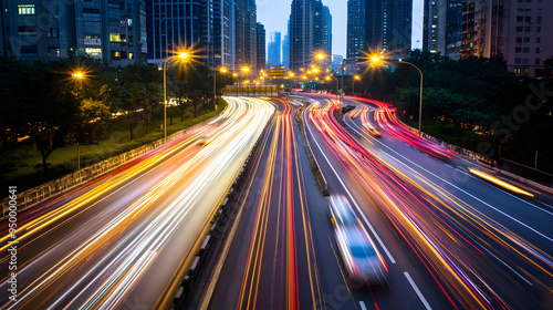 Dynamic Night Traffic in Illuminated City Skyline with Blurred Motion Trails