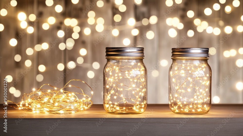 Enchanting glass jars filled with fairy lights glow softly on an office shelf, creating a warm and inviting atmosphere Enchanting glass jars filled with fairy lights glow softly on an office shelf, creating a warm and inviting atmosphere