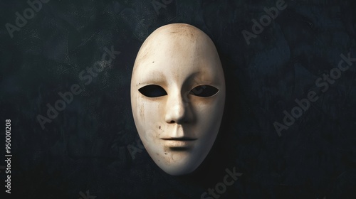 White mask with black eyeholes against a dark background. photo