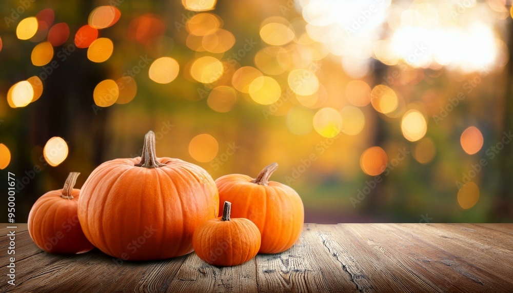 Pumpkins on a wooden table on a background with trees and blurred lights, Generative AI Pumpkins on a wooden table on a background with trees and blurred lights, Generative AI
