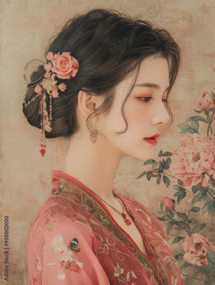 Fototapeta premium Profile of Woman with Floral Hair Ornament in Traditional Pink Attire