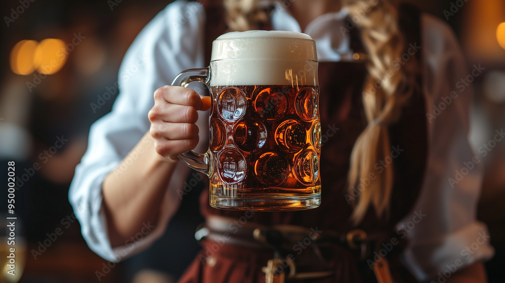 Close-up of a waitress in traditional Bavarian dirndl holding a large mug of beer, celebrating Oktoberfest with a cheerful and festive atmosphere. Close-up of a waitress in traditional Bavarian dirndl holding a large mug of beer, celebrating Oktoberfest with a cheerful and festive atmosphere.