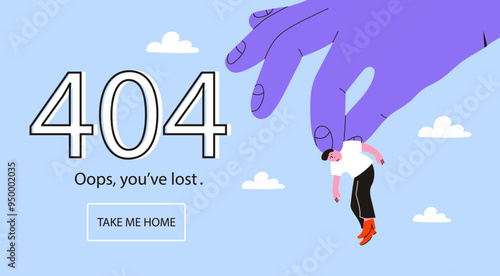 Big hand holding a falling man. Oops, you've lost text. Error 404, page not found, system error concept. Website, browser failure, popping window, problem template. Hand drawn Vector illustration