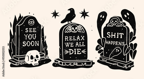 Gravestone set. Tomb cemetery stone with skull, fire, raven, ghost, poison ivy. Funny sarcastic phrases. Hand drawn Vector illustration. Halloween, horror, holiday concept. Print, logo design template