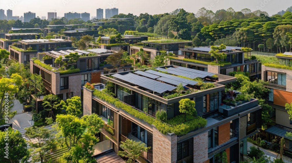 Fototapeta premium Modern Green Sustainable Eco-Friendly Housing Estate With Solar Panels