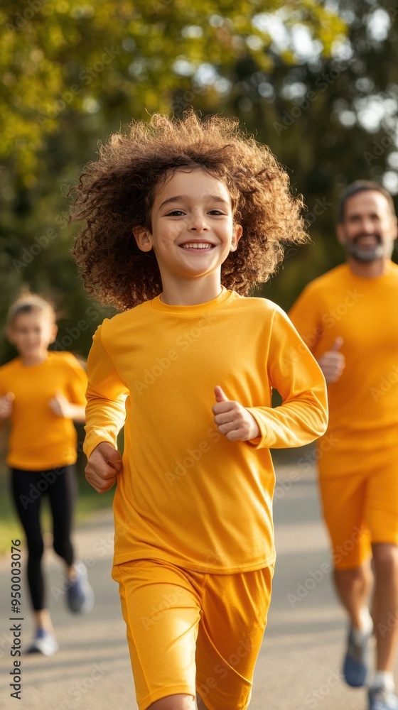 Obraz premium A family jogging together in the early morning, with parents and children in matching athletic gear, running along a tree-lined path