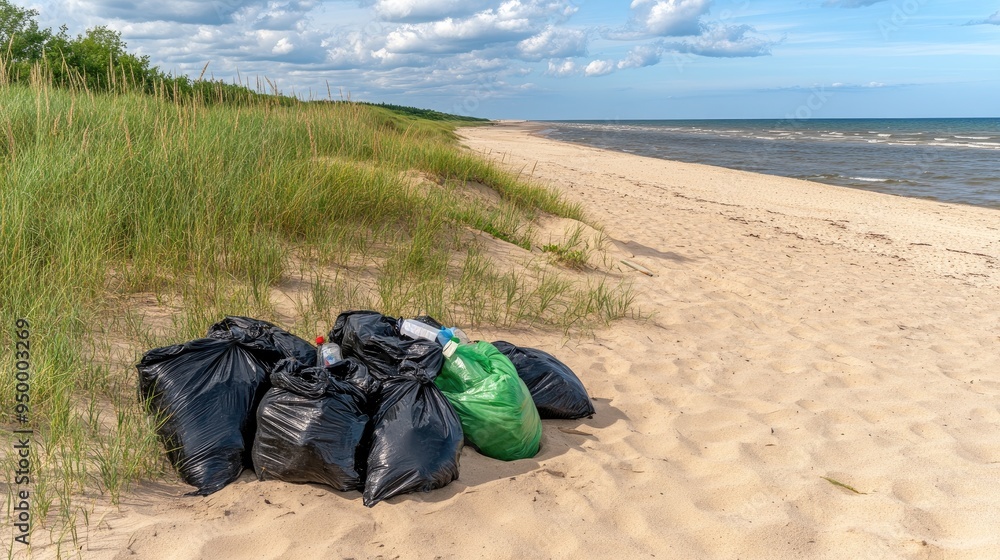 Several black and green garbage bags are strewn across the sandy beach in front of lush sand dunes, showcasing the effects of pollution on natural landscapes Several black and green garbage bags are strewn across the sandy beach in front of lush sand dunes, showcasing the effects of pollution on natural landscapes