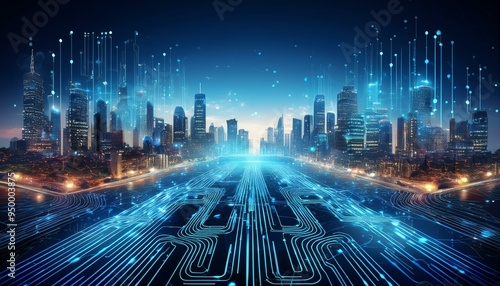Smart city technology concept depicted with modern cityscape and digital circuit overlay.