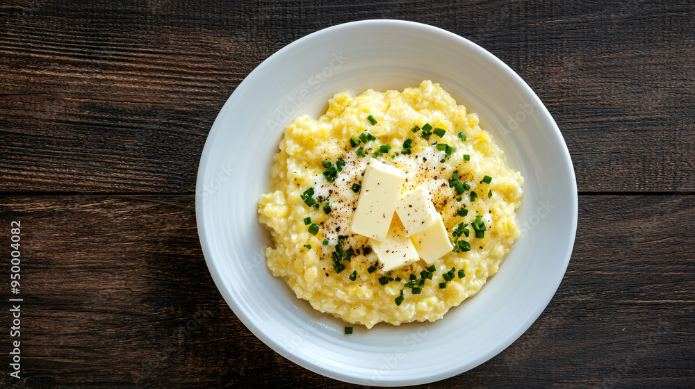 Ready to eat: creamy cheesy grits with butter and chives for breakfast Ready to eat: creamy cheesy grits with butter and chives for breakfast