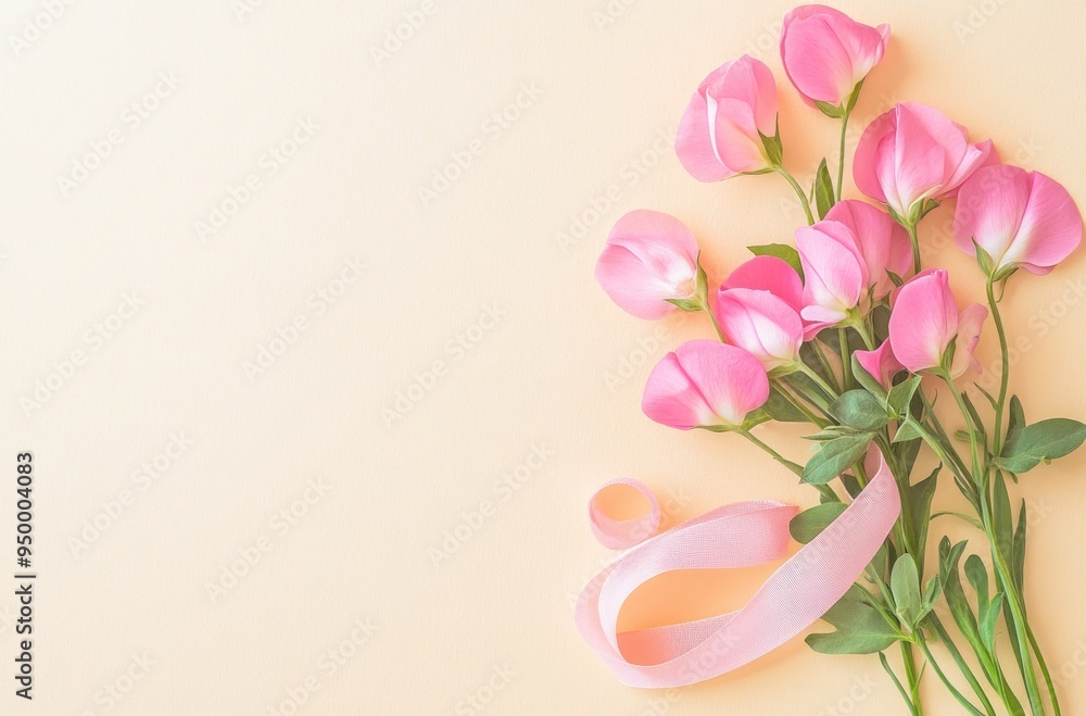 Pink Flowers and Ribbon on a Beige Background Pink Flowers and Ribbon on a Beige Background