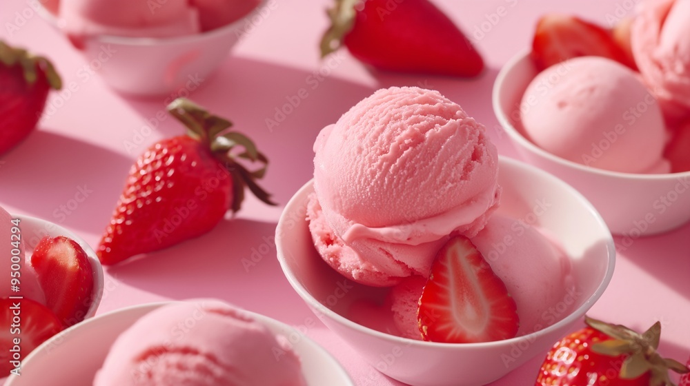 A close-up of strawberry ice cream in small bowls, with fresh strawberries on the side A close-up of strawberry ice cream in small bowls, with fresh strawberries on the side
