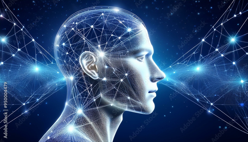 Stock illustration of a human head with interconnected lines and a starry blue background. Stock illustration of a human head with interconnected lines and a starry blue background.
