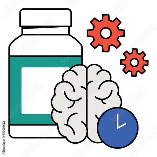 Nootropics Icon Design. Represents Cognitive Enhancement, Brain Function, Focus, Memory. Vector icon with editable Strokes and Colors.