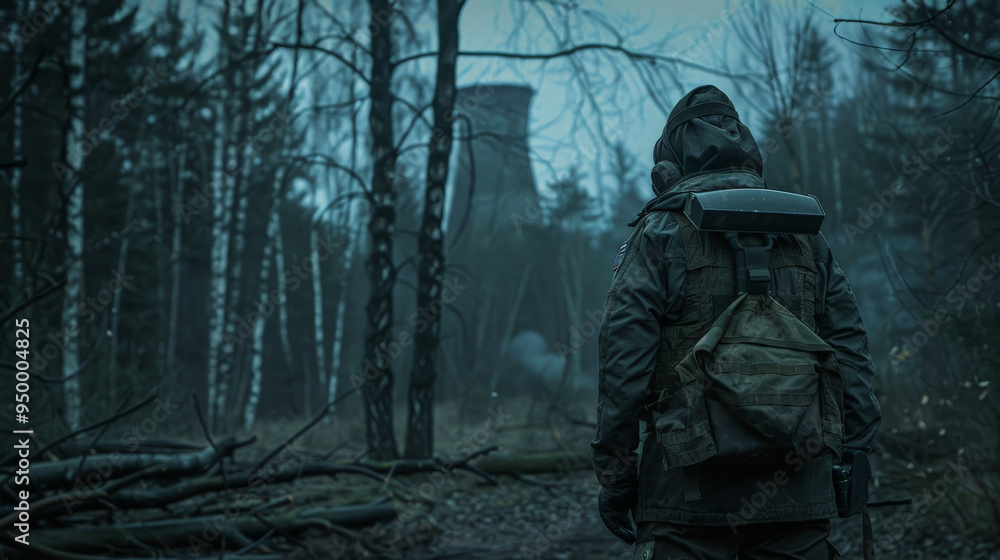A lone stalker in a dark modern military uniform walk on the depressive road A lone stalker in a dark modern military uniform walk on the depressive road