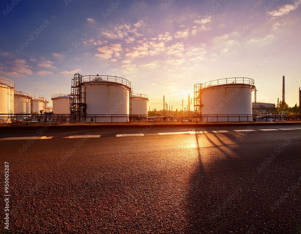 Sunset at an oil and gas refinery plant. Oil storage tank at an oil refinery factory. Industrial site and transportation concept. Sunset at an oil and gas refinery plant. Oil storage tank at an oil refinery factory. Industrial site and transportation concept.