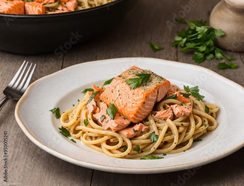 A bowl of pasta topped with a herb-seasoned salmon fillet, creating a delicious and appetizing dish.