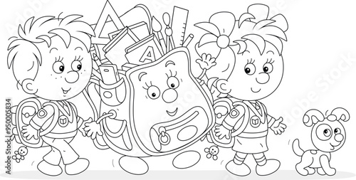 Happy little schoolboy, schoolgirl and a cartoony Schoolbag merrily talking and going to school to the start of classes, black and white outline vector cartoon illustration for a coloring book