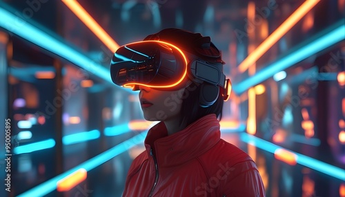  futuristic style girl wearing VR headset amidst neon lights