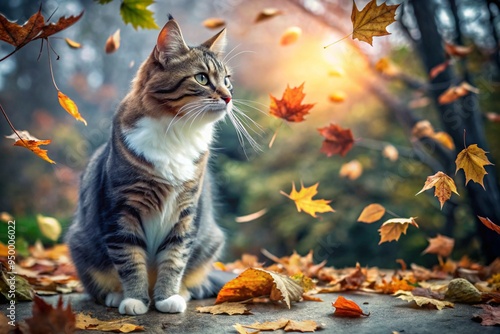 calming harmonious meditative view of a cat against the backdrop of relaxing autumn nature