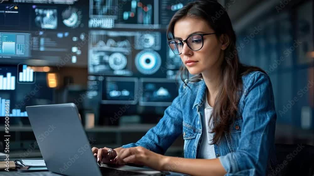 A focused woman working on a laptop in a modern office, surrounded by digital data displays and technology. A focused woman working on a laptop in a modern office, surrounded by digital data displays and technology.