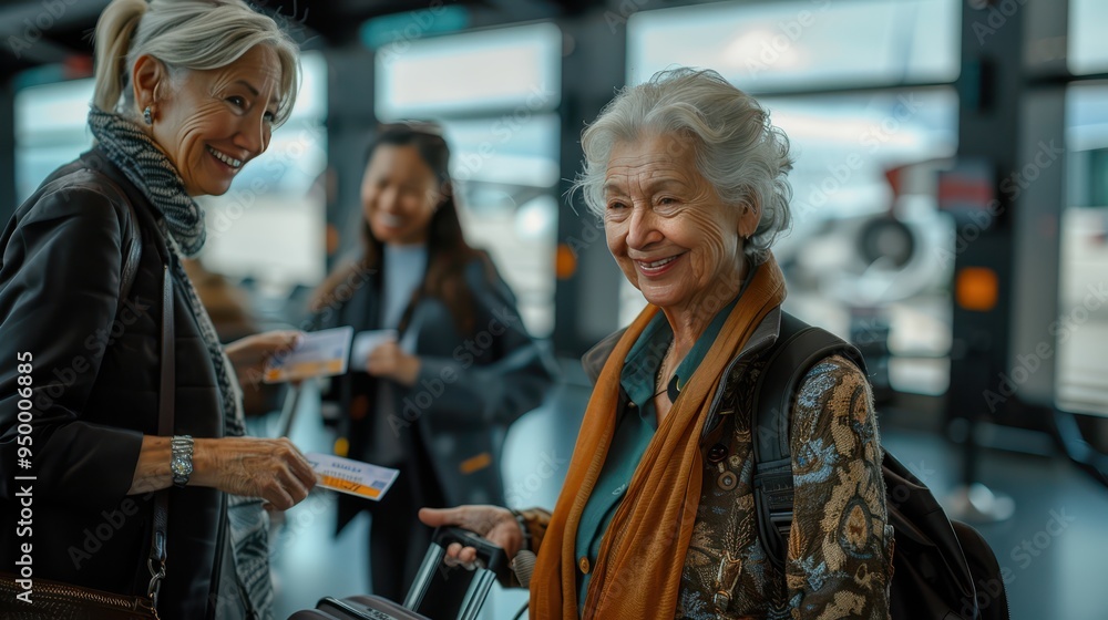 Heartwarming Airport Assistance - Senior Woman Checking Boarding Pass with Friendly Flight Attendant by Window Watching Airplane Takeoff Heartwarming Airport Assistance - Senior Woman Checking Boarding Pass with Friendly Flight Attendant by Window Watching Airplane Takeoff
