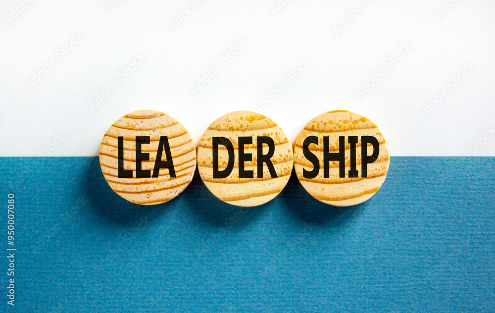 Leadership symbol. Concept word Leadership on beautiful wooden circles. Beautiful blue white background. Business leadership concept. Copy space. Leadership symbol. Concept word Leadership on beautiful wooden circles. Beautiful blue white background. Business leadership concept. Copy space.