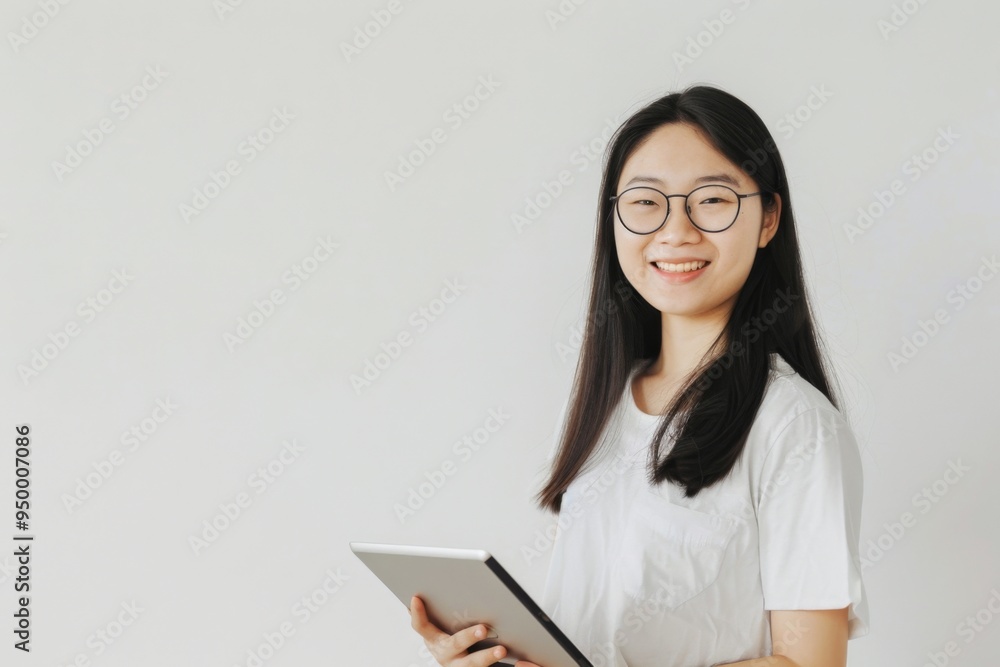 A woman wearing glasses and a white shirt is holding a tablet. She is smiling and she is happy A woman wearing glasses and a white shirt is holding a tablet. She is smiling and she is happy