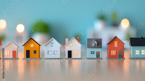 Colorful miniature house models lined up on a wooden table photo