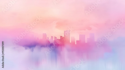 Romantic Sunset Skyline, a watercolor depiction of a city skyline bathed in soft pastel hues, evokes a dreamy atmosphere with sunset colors and gentle brush strokes.