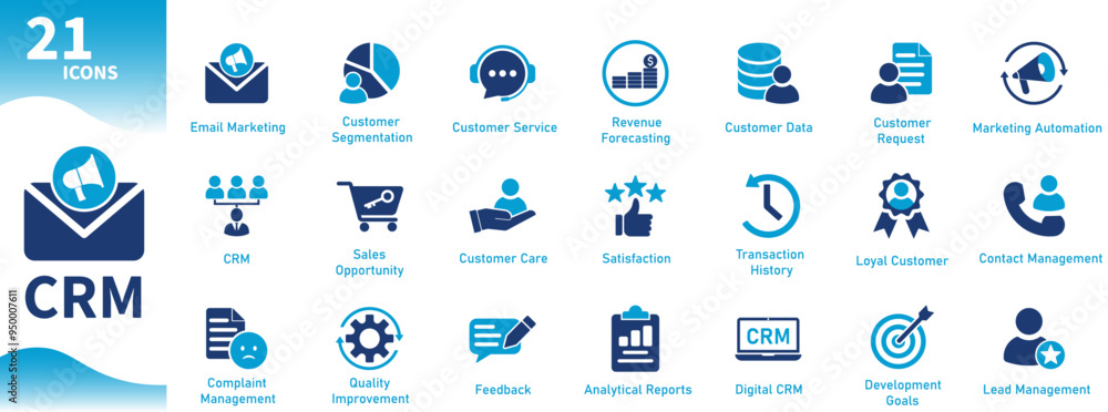 Customer relationship management icon. Collection of icons themed CRM, business, customer care, customer data. Solid vector icons.