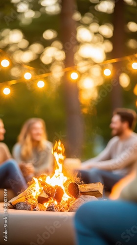 A group of friends at a backyard garden party, with string lights, cozy seating, and a bonfire, creating a warm and inviting social gathering photo