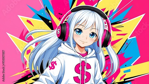 Whitehaired anime girl with headphones, white hoodie, and pink dollar sign. Suitable for cryptocurrency or musicrelated designs photo