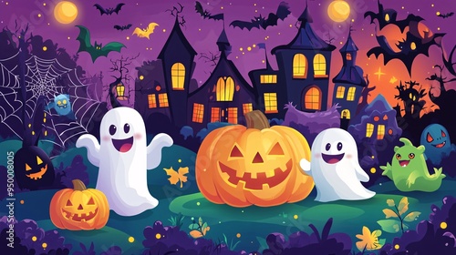 Spooky Halloween Night with Ghosts  Pumpkins  and Haunted Houses