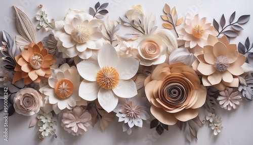 The paper flower wall is on a white background, surrounded by gray and beige tones, with delicate sculptures, floral still life.