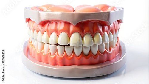 A detailed, lifelike dental mockup model showcases a precise arrangement of teeth, gums, and dental work, ideal for educational, illustrative, or commercial healthcare purposes. photo