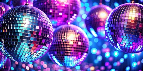 Disco balls with purple and blue lights creating a vibrant party nightlife background, disco, balls, purple, blue, lights photo