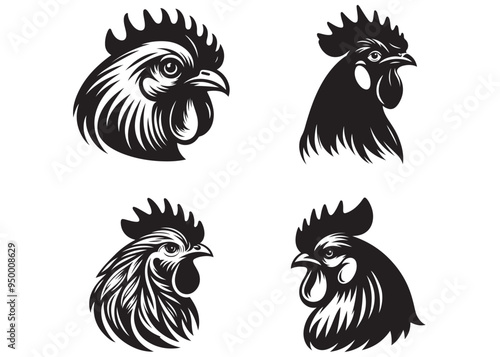 chicken rooster head logo vector silhouette, rooster head logo design vector illustration, black and white chicken rooster head Silhouette, rooster head logo icon template vector illustration 