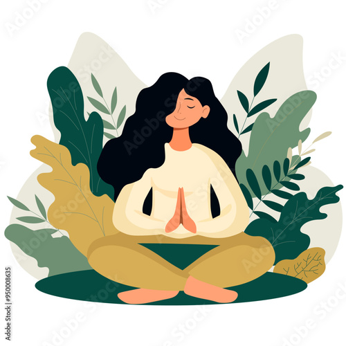 A woman meditates in nature and leaves. Conceptual illustration for yoga, meditation, relaxation, rest, healthy lifestyle. Vector illustration in flat cartoon style