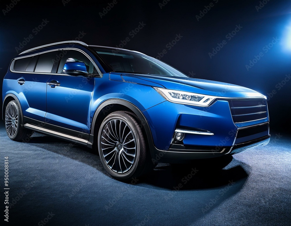 Fototapeta premium The sleek lines and design details of an automobile stock are captured by a dark blue SUV with headlights on in the background of darkness.