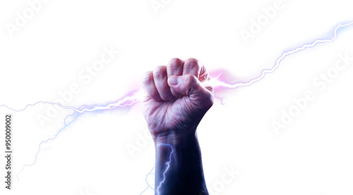 Raised fist holding up a lightning bolt. Isolated transparent background PNG cutout. Zeus the god of thunder and lightning. Raised hand holding a energy electricity lightning bolt.